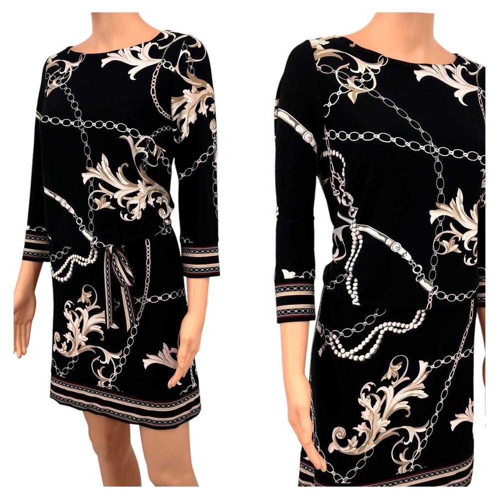 WHBM Womens Black Printed Drop Waist Dress Sz S Boat Neck 3/4 Sleeve Work Office
